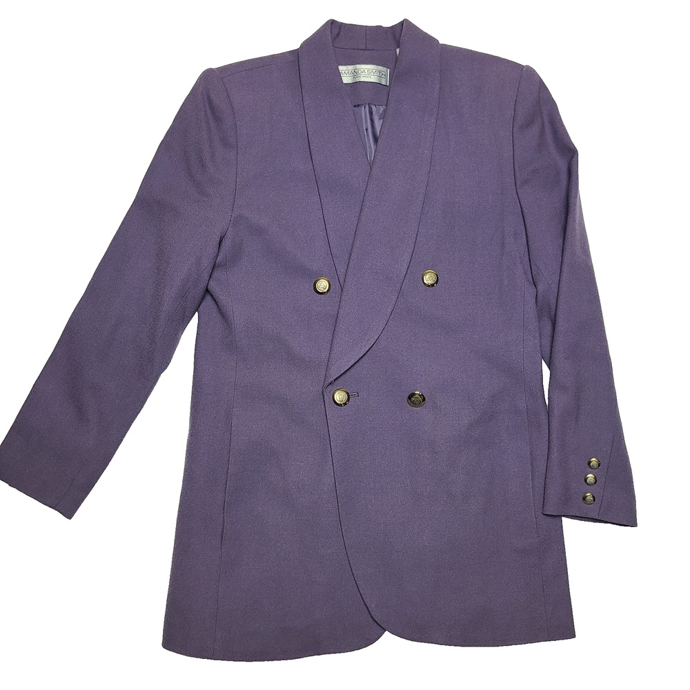Amanda Smith Wool Double Breast Purple Blazer Gold Buttons Sz 8 Career Boss